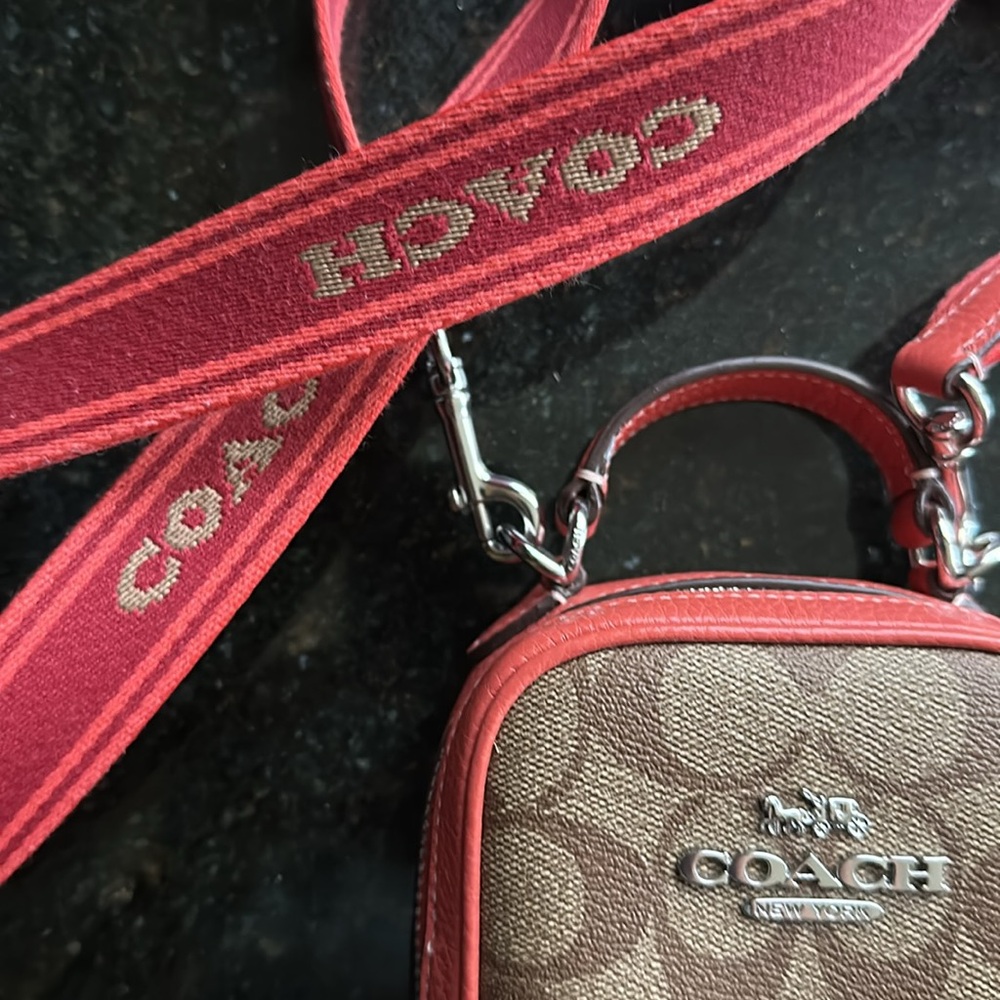 Coach Eva Phone Crossbody Bag Signature Canvas, Tan and Burnt Orange - Picture 5 of 7